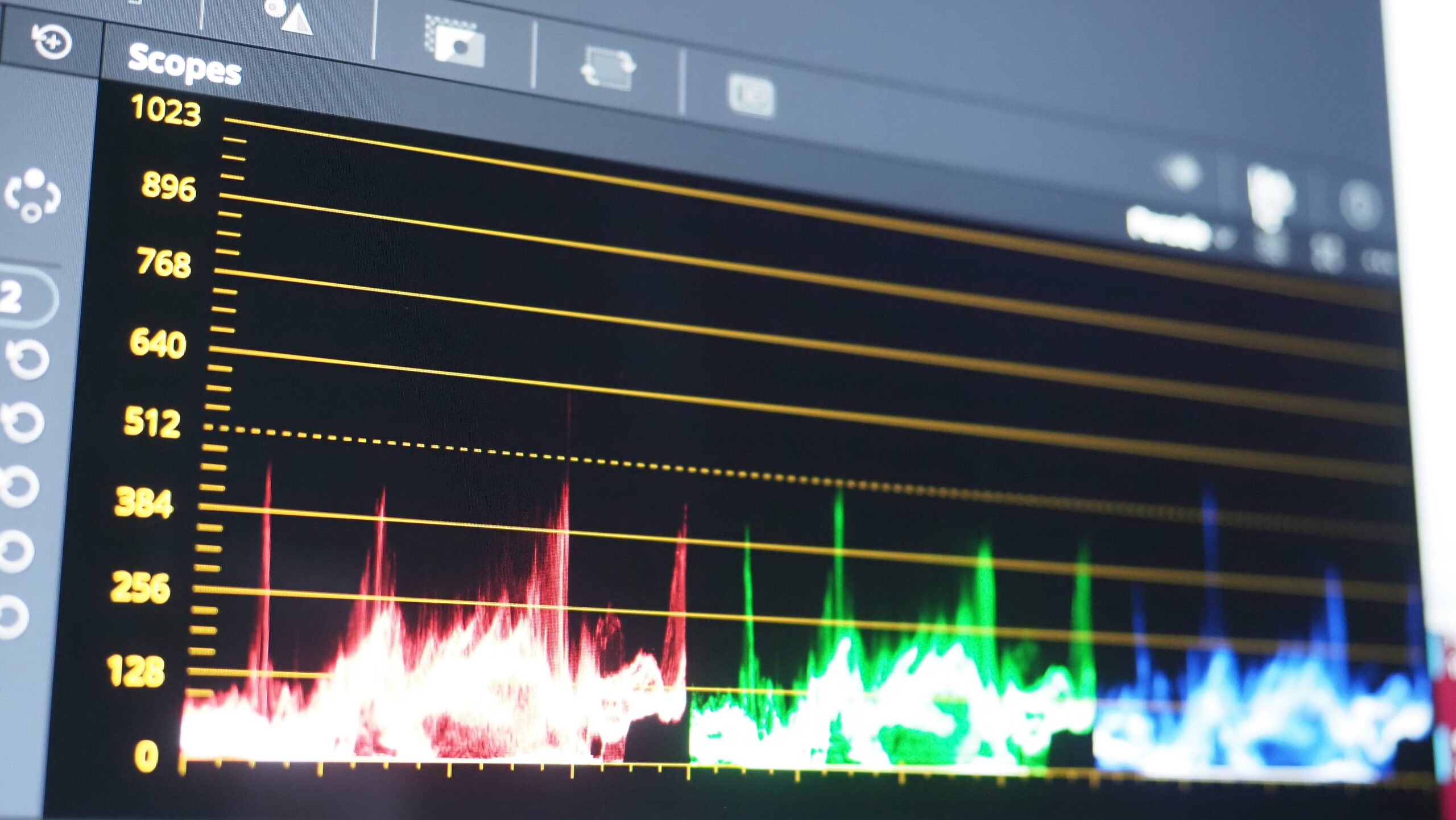 Color grading graph or RGB colour correction indicator on monito